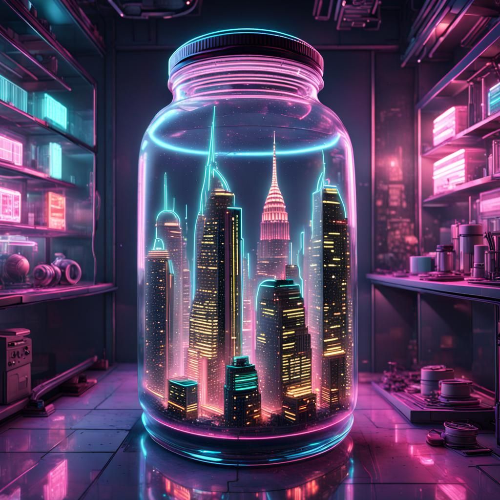 Neon Retro Skyscraper in a Jar, HDR