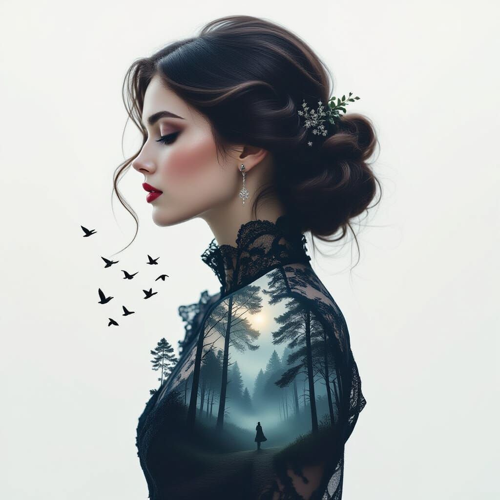 Ethereal Woman Portrait with Misty Forest Double Exposure