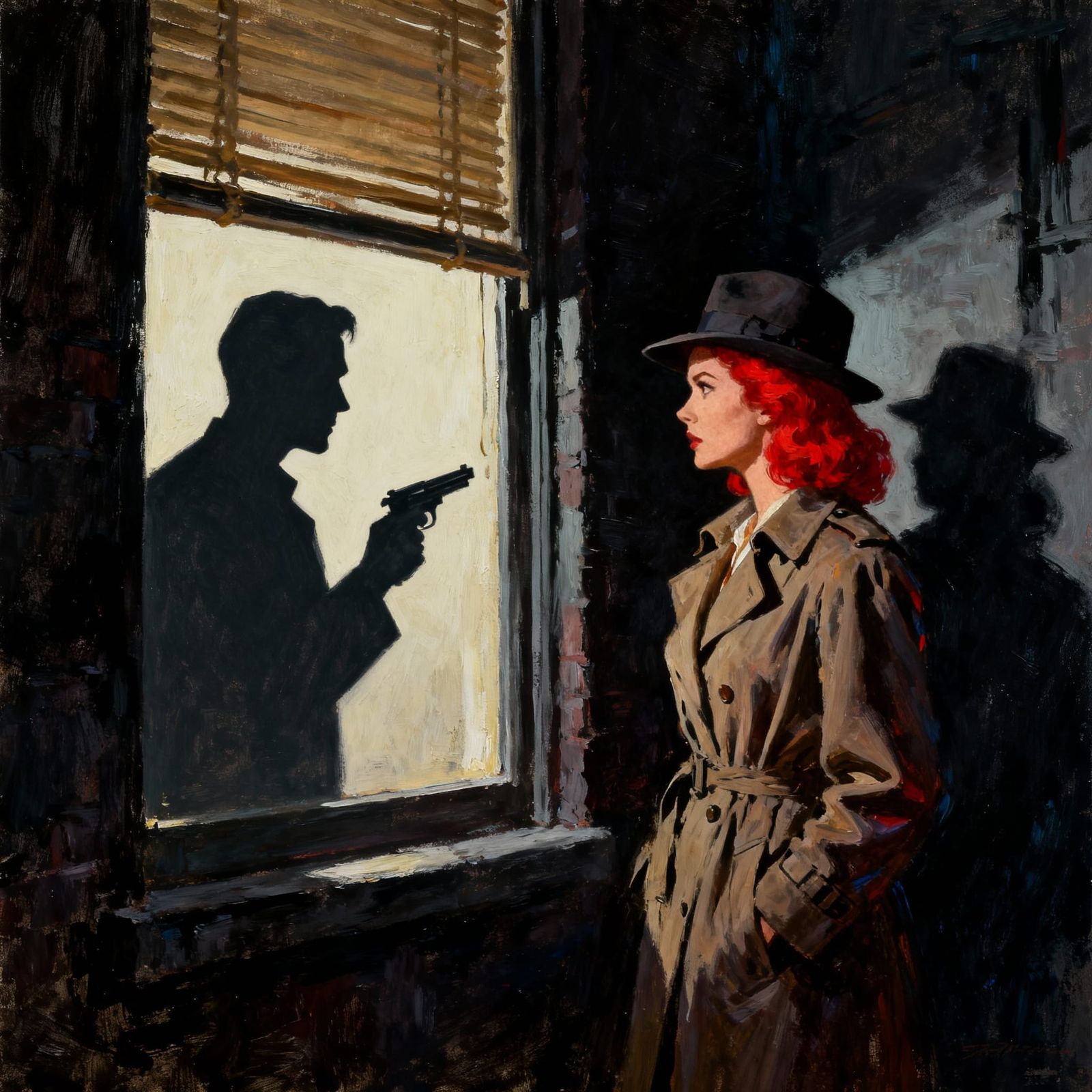 Film Noir Alley Scene: Woman in Shadows, Man's Silhouette