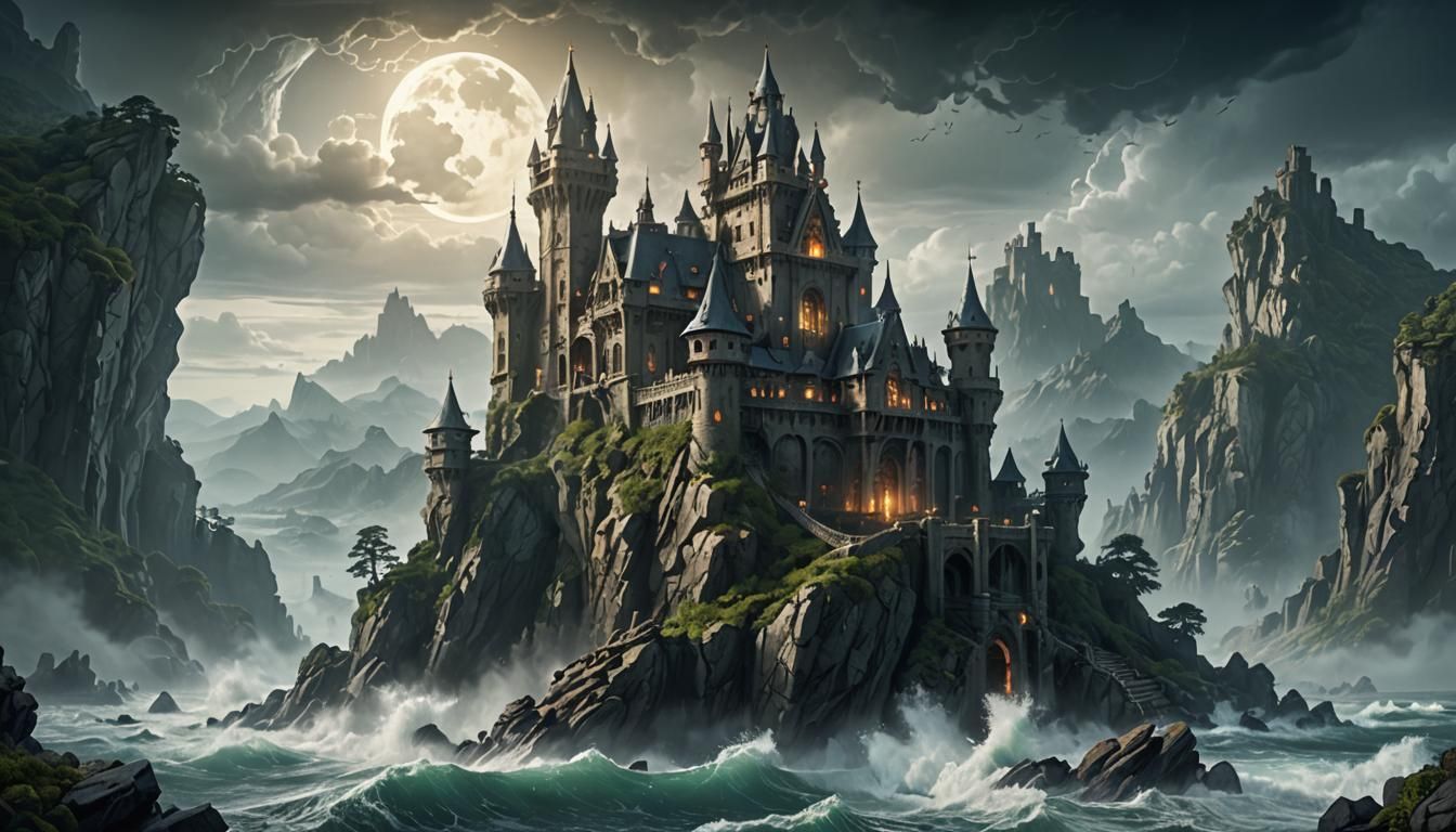 Eldritch Castle on Mountainous Coast in Art Nouveau Style