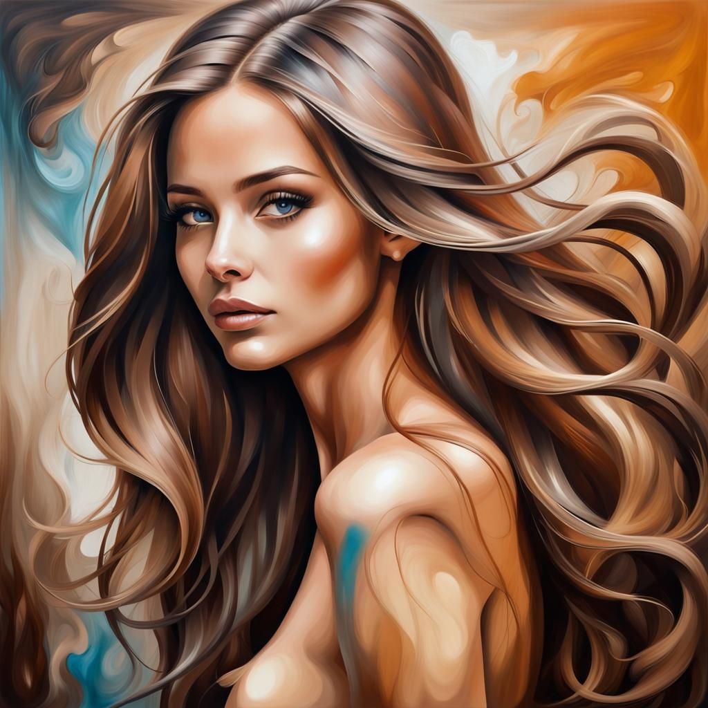 Realistic Woman with Long Hair as 3D Oil Painting