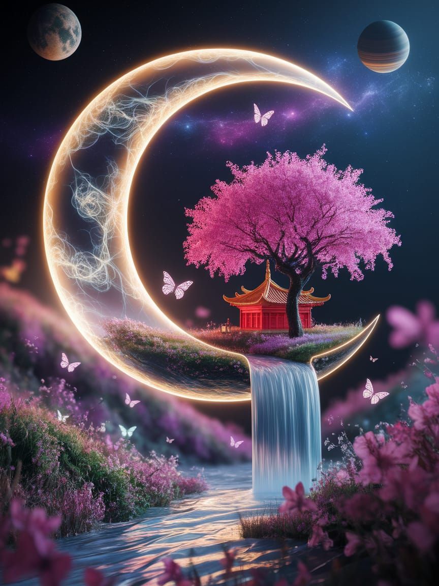 Glowing Crescent Moon Holds Miniature Chinese Village in Sur...