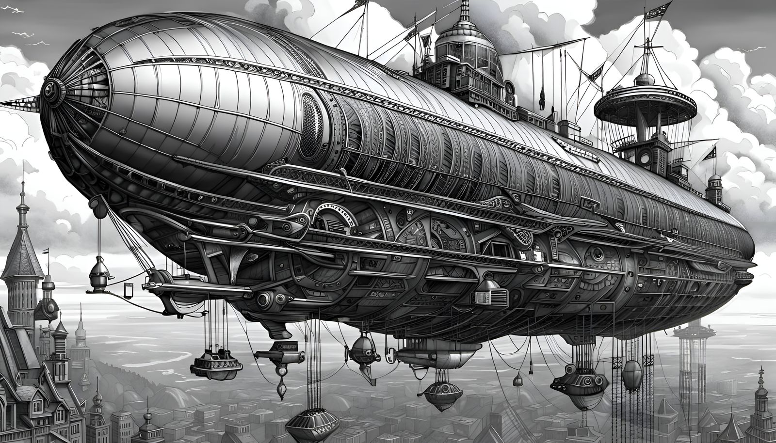 Extreme detail black and white image of a retro-futuristic Steampunk airship.