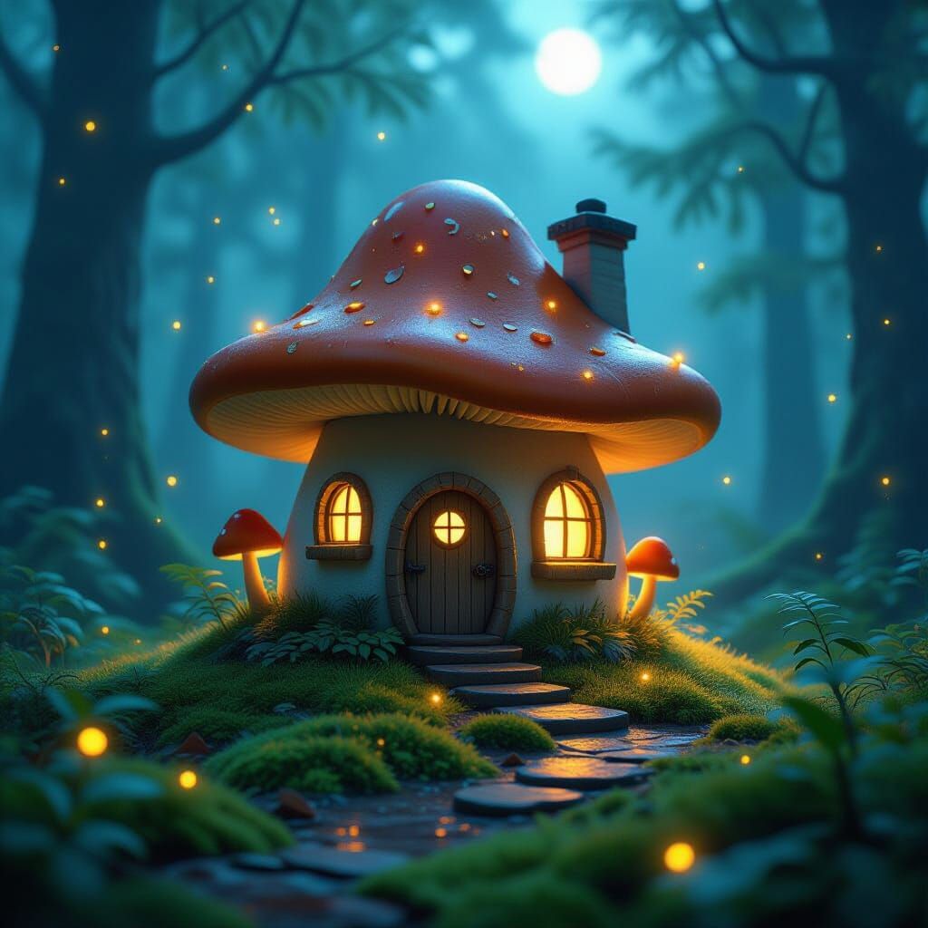 Enchanted Bioluminescent Forest with Fairy Mushroom House