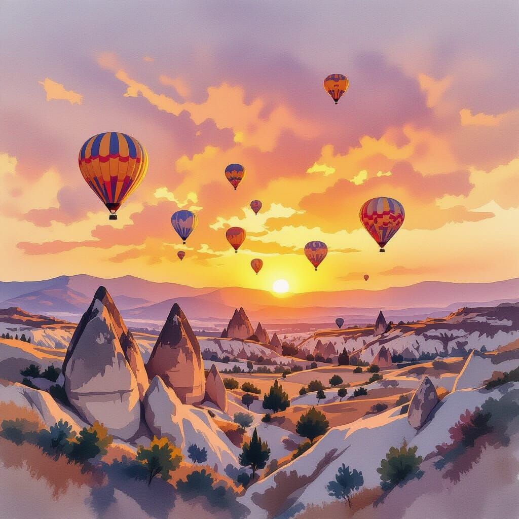 Cappadocia Sunset Over Fairy Chimneys with Hot Air Balloons