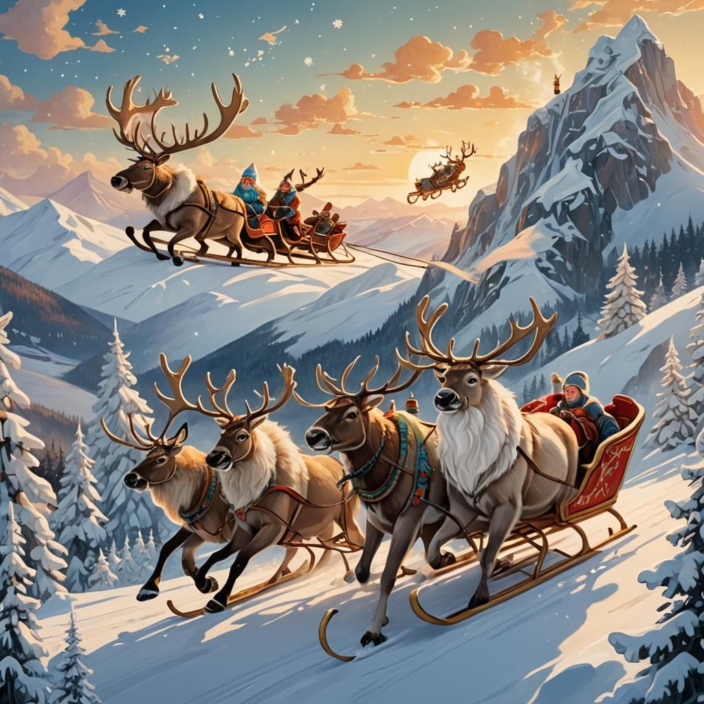 Snegurochka and Ded Moroz Fly Over Winter Mountains