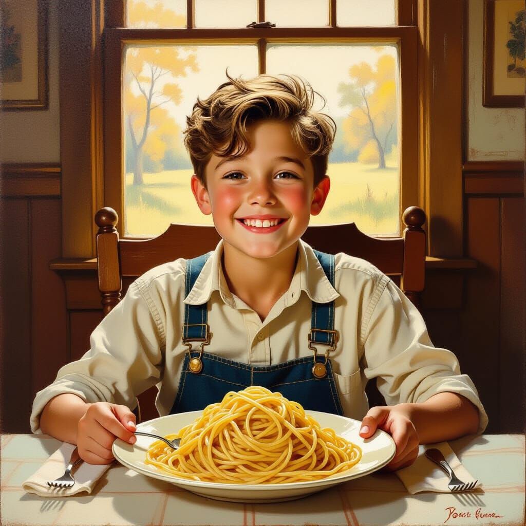Boy with Spaghetti, in Rockwell Style