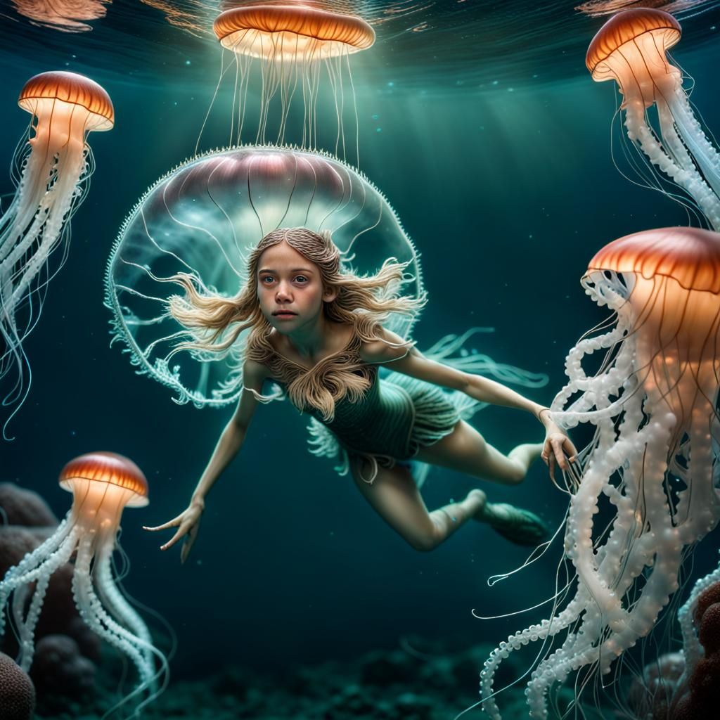 Elf Swimming with Jellyfish in Hyperrealistic Style