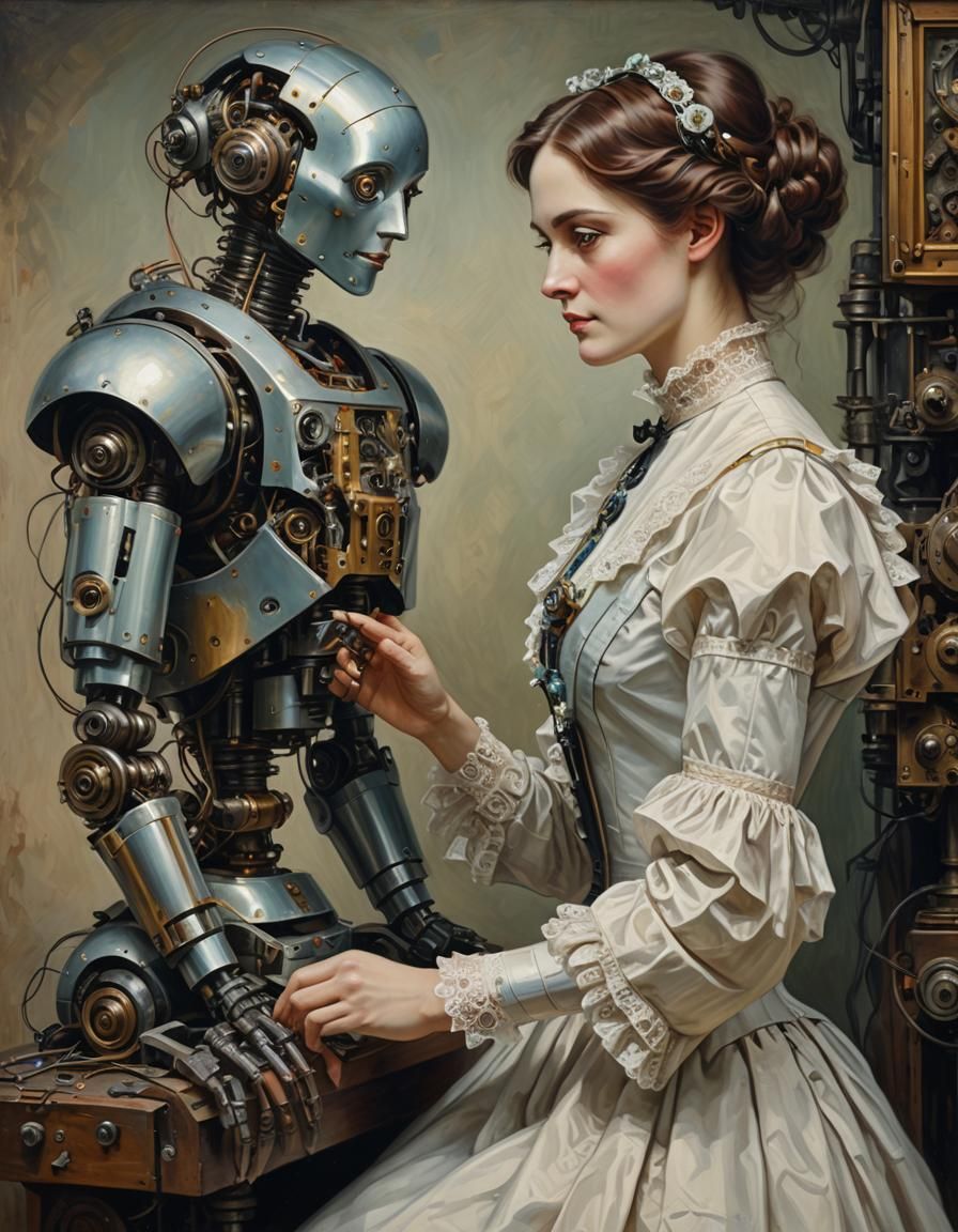 A beautiful Victorian woman working on a robot, half body portrait, oil on canvas