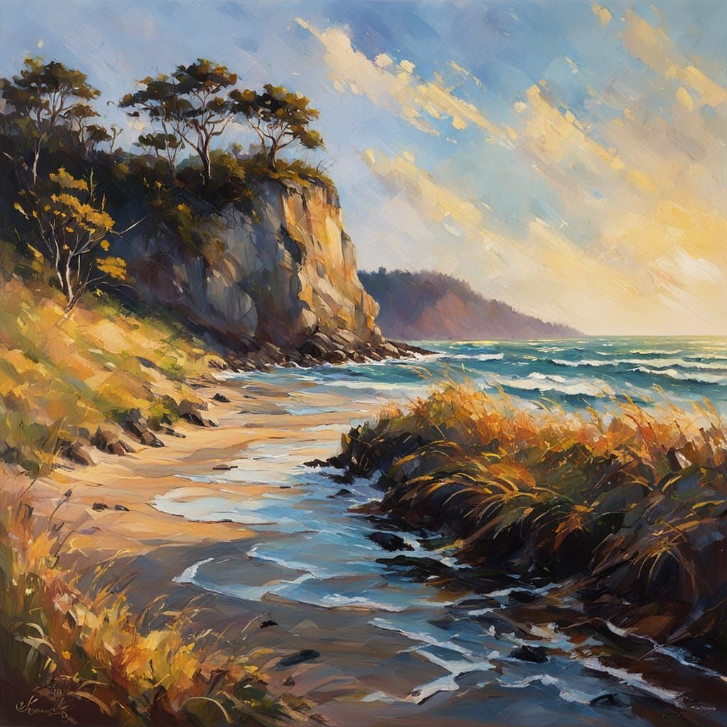 Impressionist Cliffside View with Golden Light