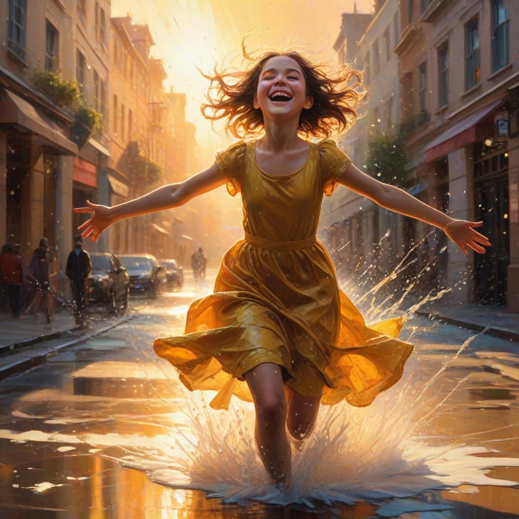 Girl Frozen Mid-Air in Joyful Leap Over Splashing Puddle