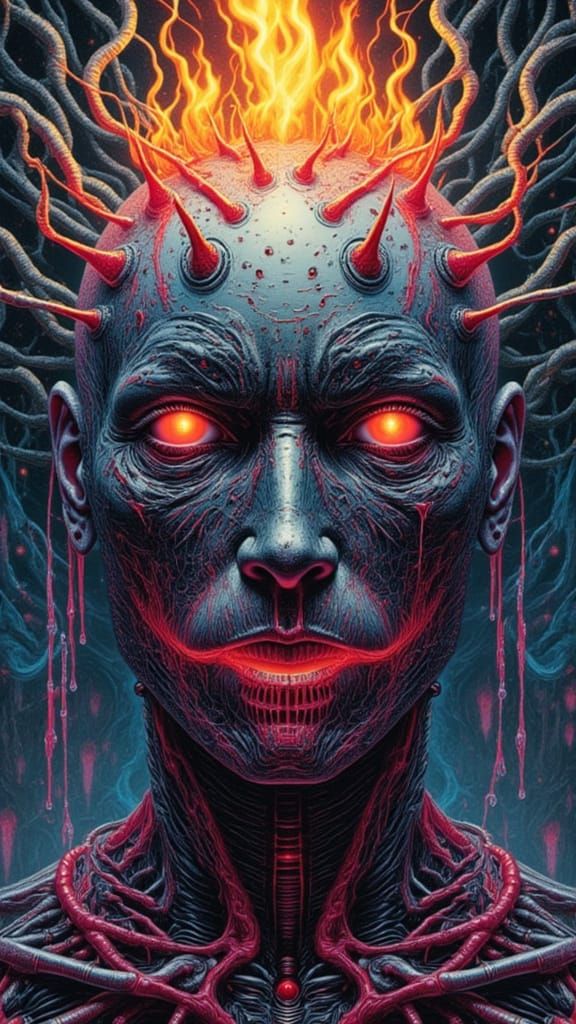 Biomechanical Cyborg Vampire Android with Fractal Flames