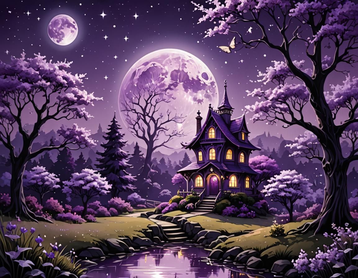 Purple Fairy House Illustration with Sparkling Stream