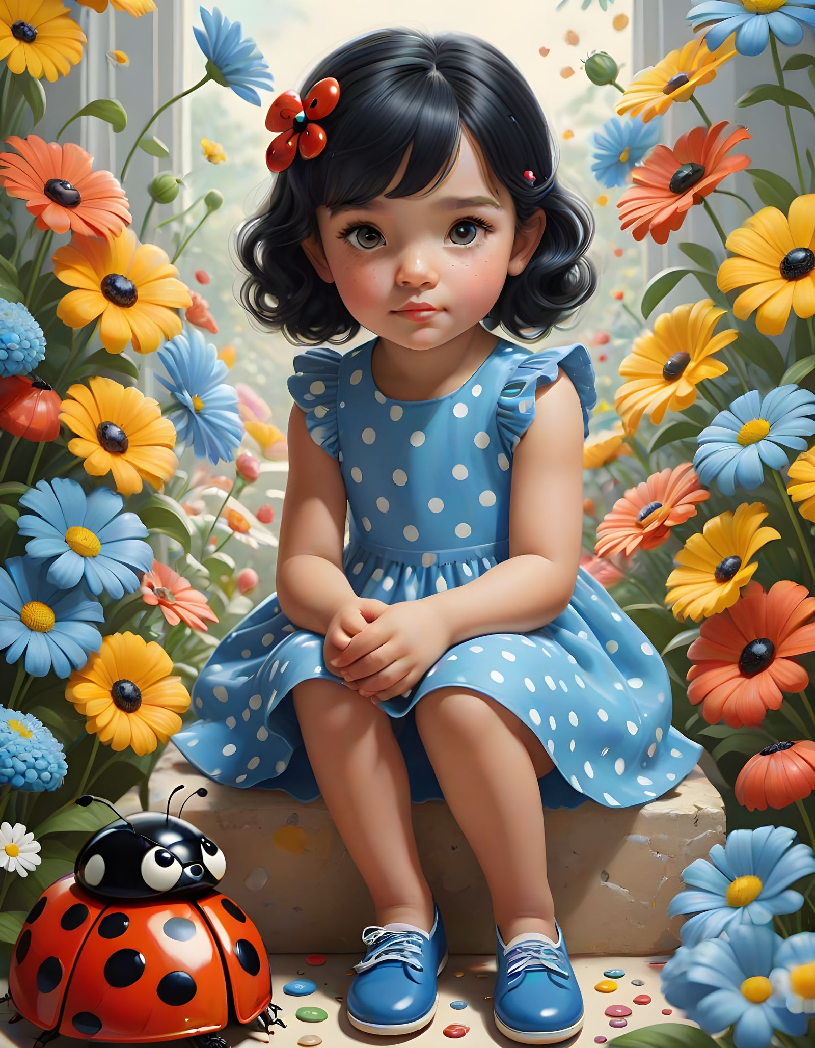 Hyper-Realistic Girl on Ladybug in Candy Art Style