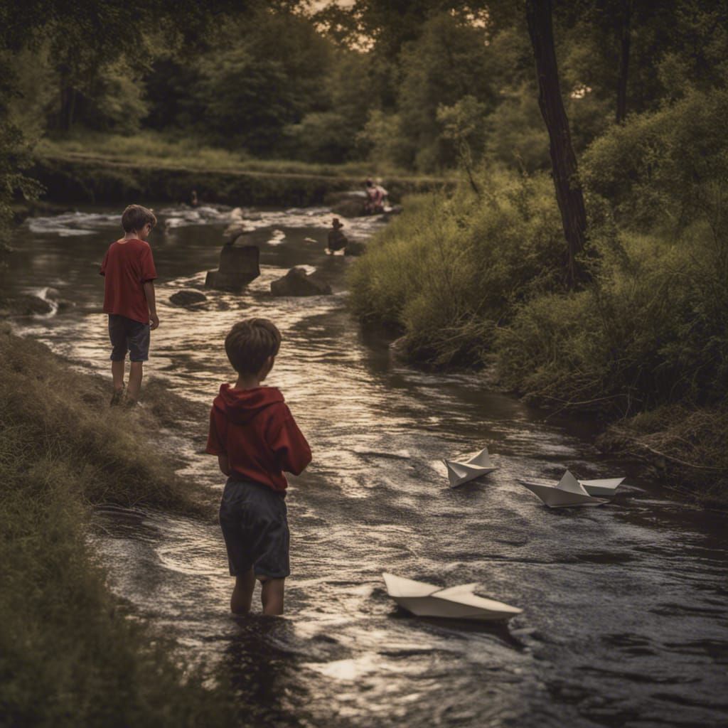 Boys' Paper Boat Race at Dusk: Hyperrealistic Image