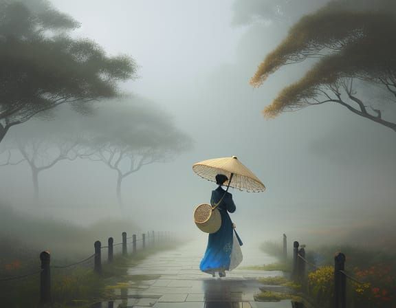 Elegant Lady in Foggy Asian Village - Whimsical Digital Art