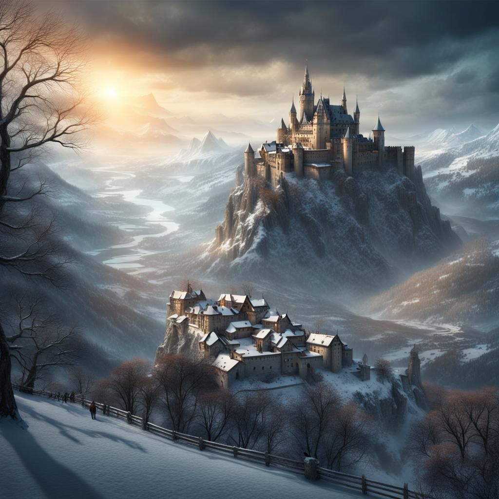 Winter Castle Overlooking Valley: Digital Matte Painting