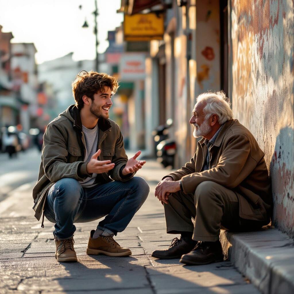 Candid Street Scene: Young Man Talking to Older Man