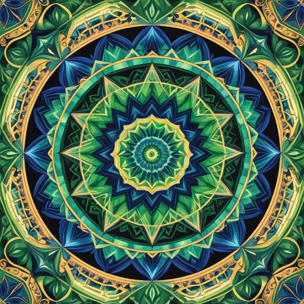 Intricate Kaleidoscope Pattern in Emerald and Lapis Lazuli