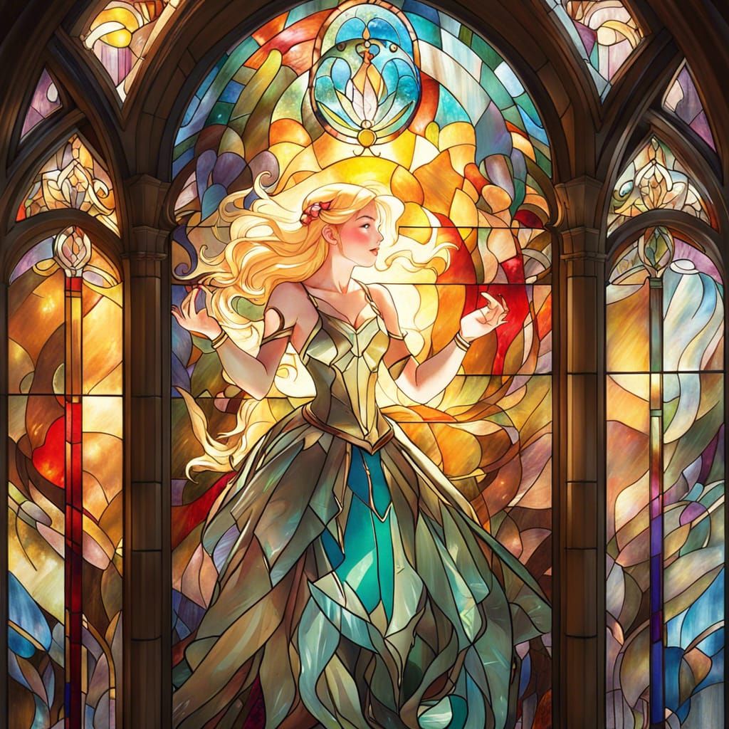 Fantasy Scene in Stained Glass Style