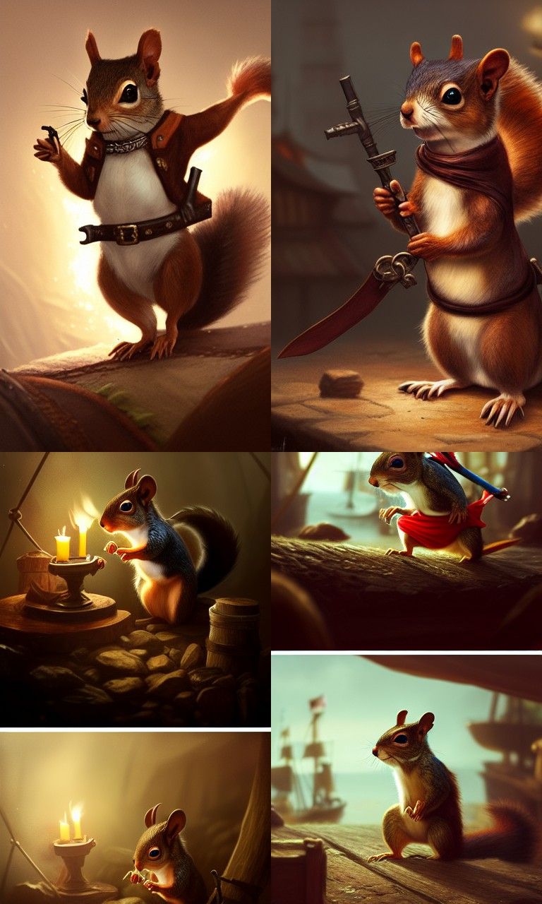 Cute Squirrel Pirate in Tavern, Hyperrealistic Art