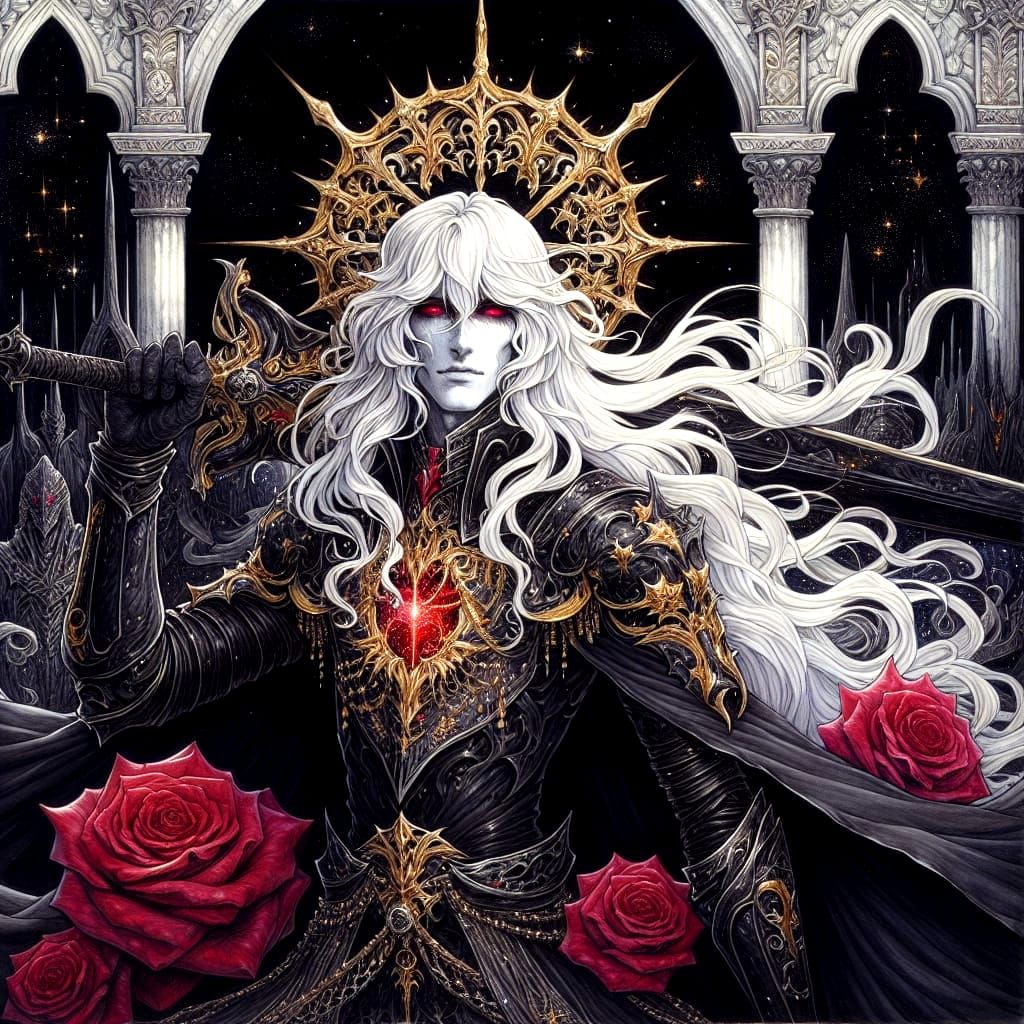 Gothic Albino Warrior with Black Sword and Roses