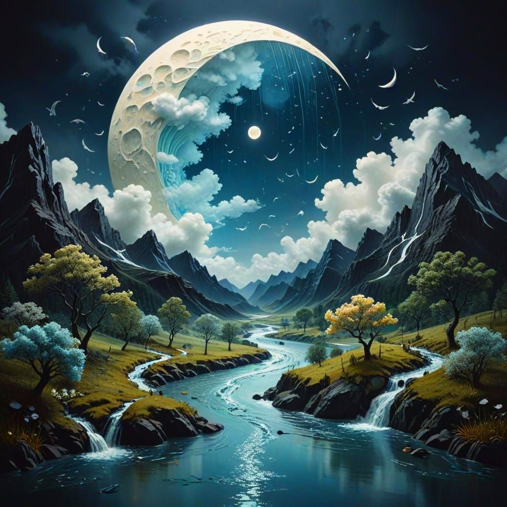 Nocturnal Water Cycle in Japanese Sumi-e Style