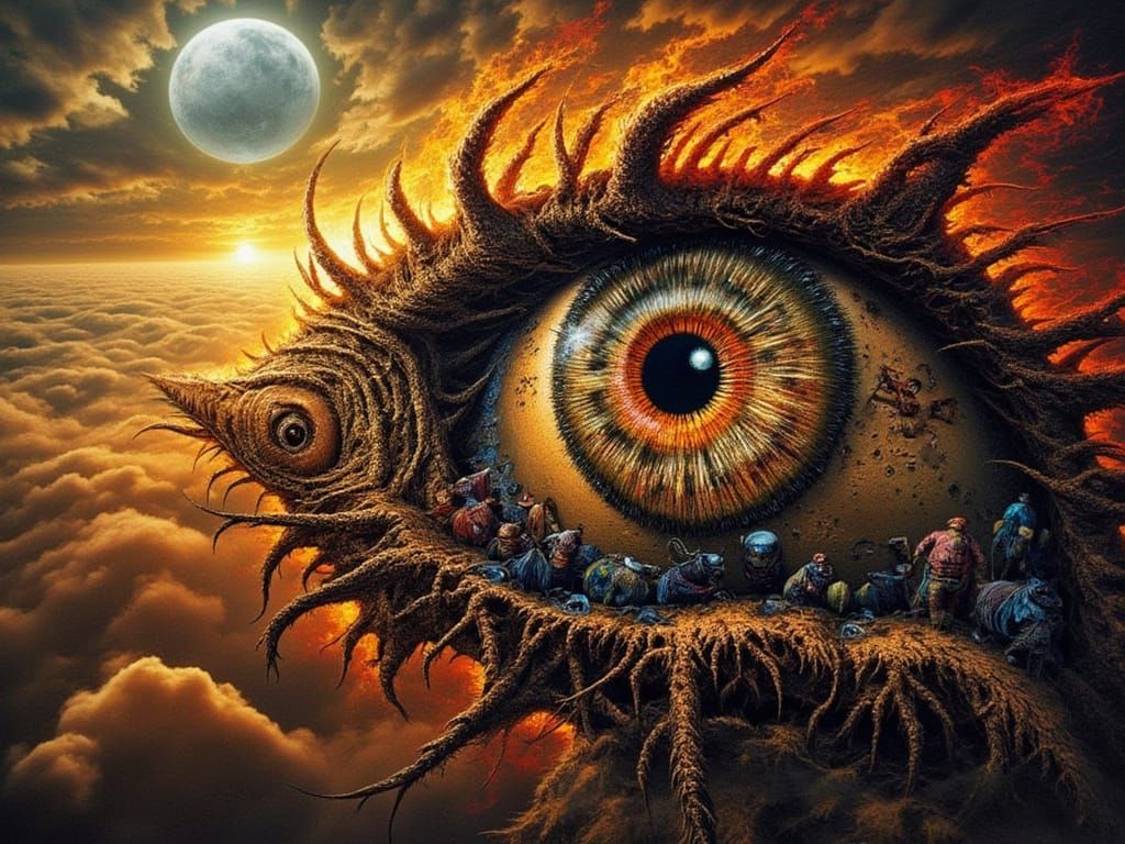 Man-Peacock Mutation With Fractal Face And Fiery Eyes