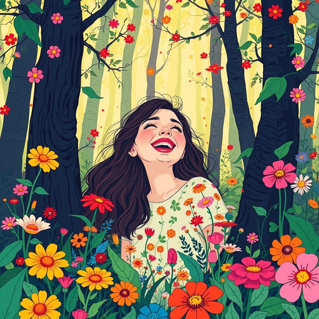 Laughing Woman in Whimsical Forest, Digital Art