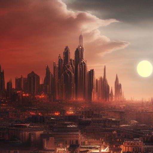 Epic Red Moon Over Cityscape Digital Painting