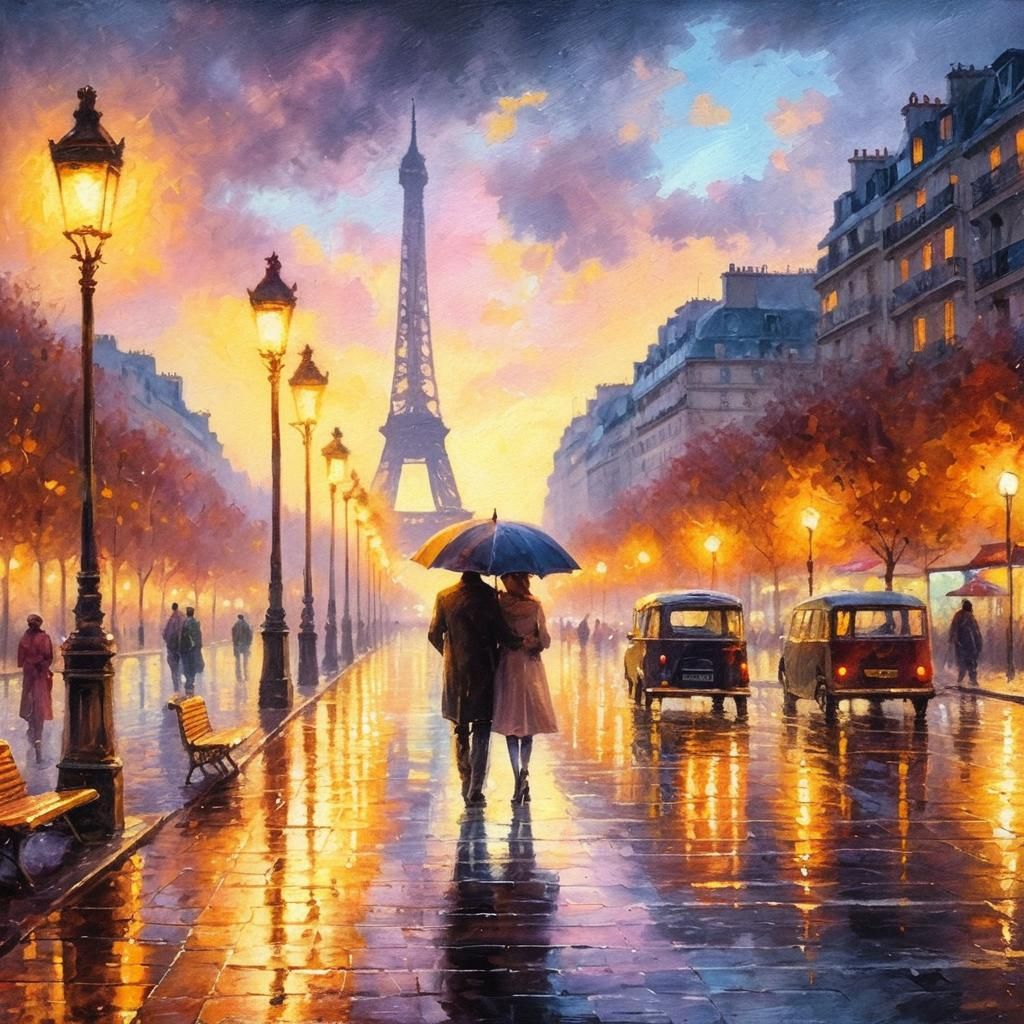 Parisian Couple in Rainy Street, Oil Painting