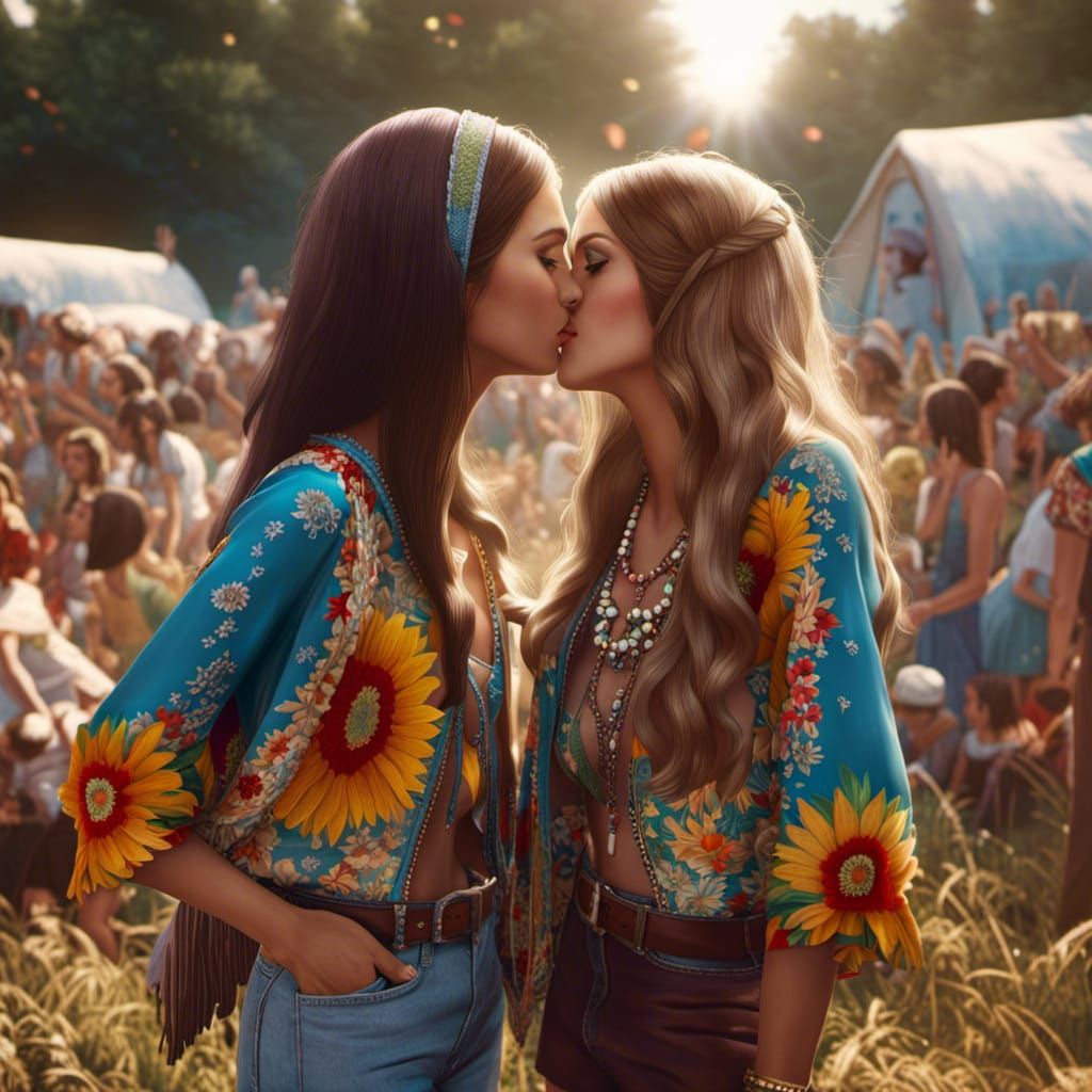 1960s Woodstock Kiss: Hyperdetailed Art Nouveau Style