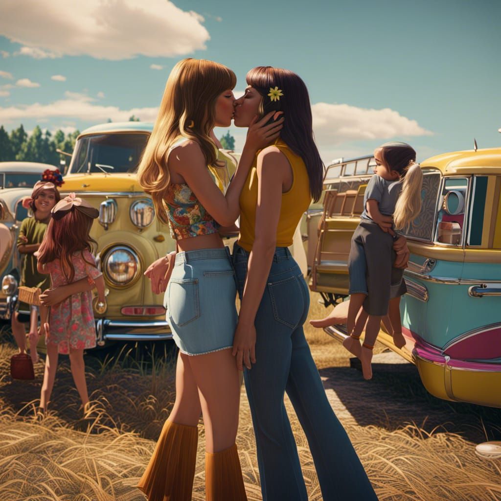 Two Women Kissing at Woodstock, Detailed Art