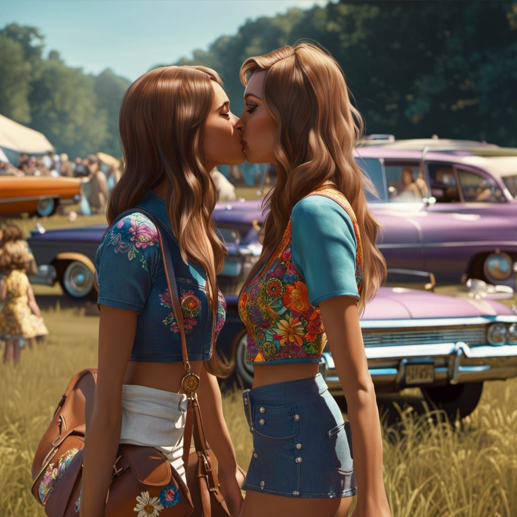 Girls Kissing at Woodstock in Art Nouveau Style