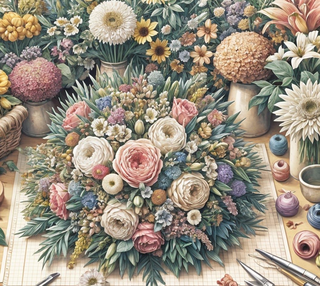 Florist's Table with Bouquet in Watercolor Style