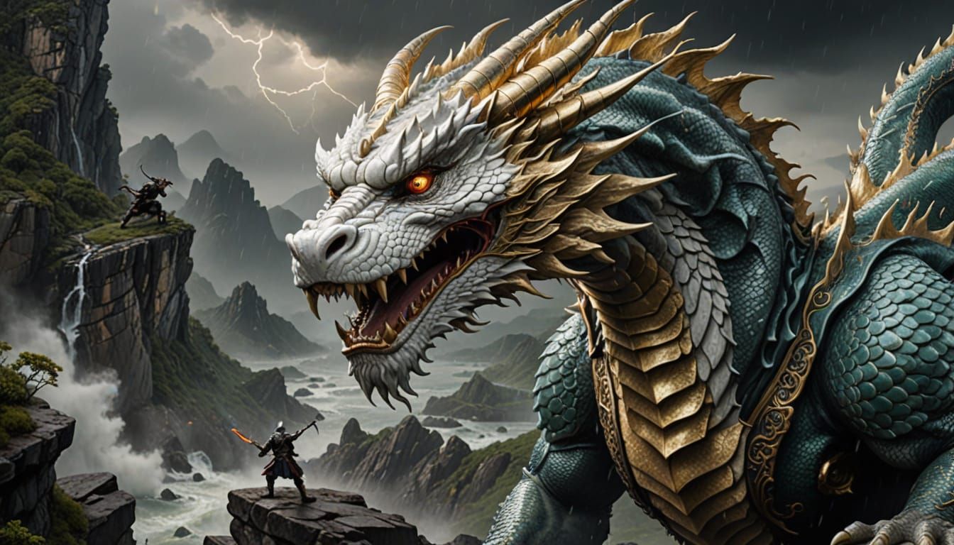 A Furious Chinese Dragon Confronts a Brave Knight at Dragon'...