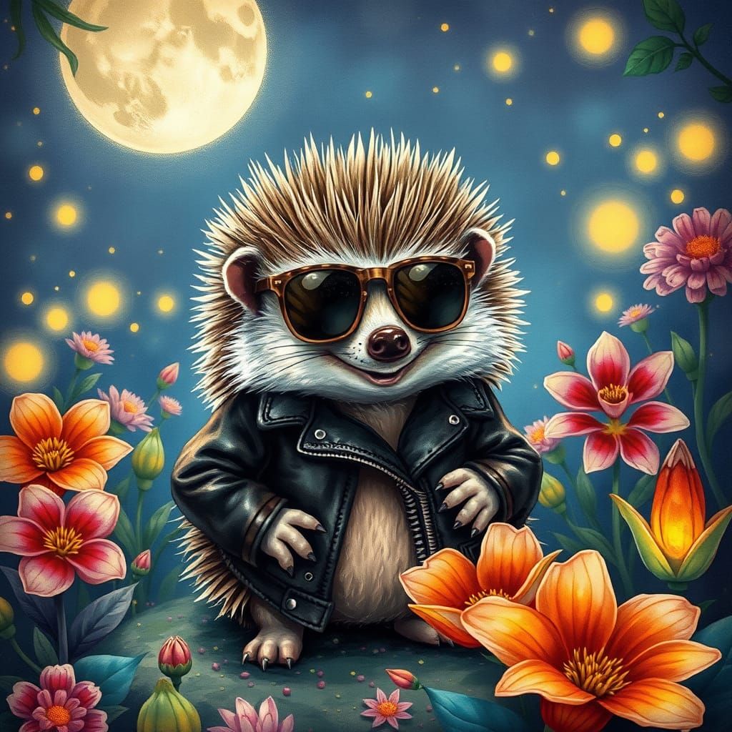 Hedgehog with Frosted Tips in Moonlit Garden