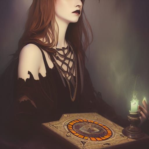 Gothic Woman Portrait with Ouija Board, Hyperdetailed