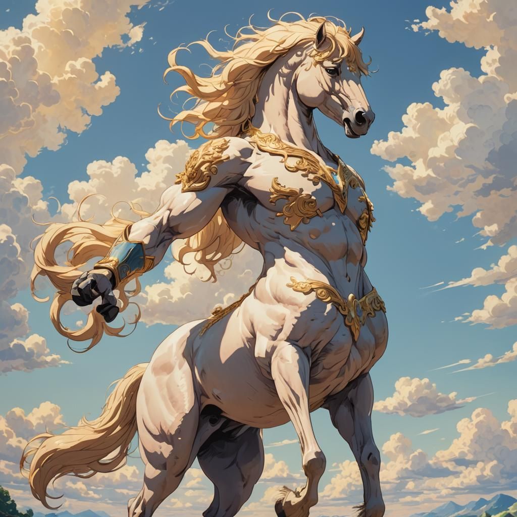 Anime Man Centaur in Daylight, Cel-Shaded Style