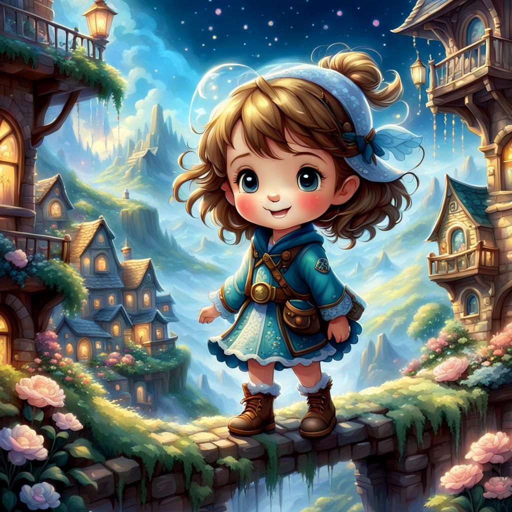 Chibi Character with Fantasy Landscape, Hyperdetailed