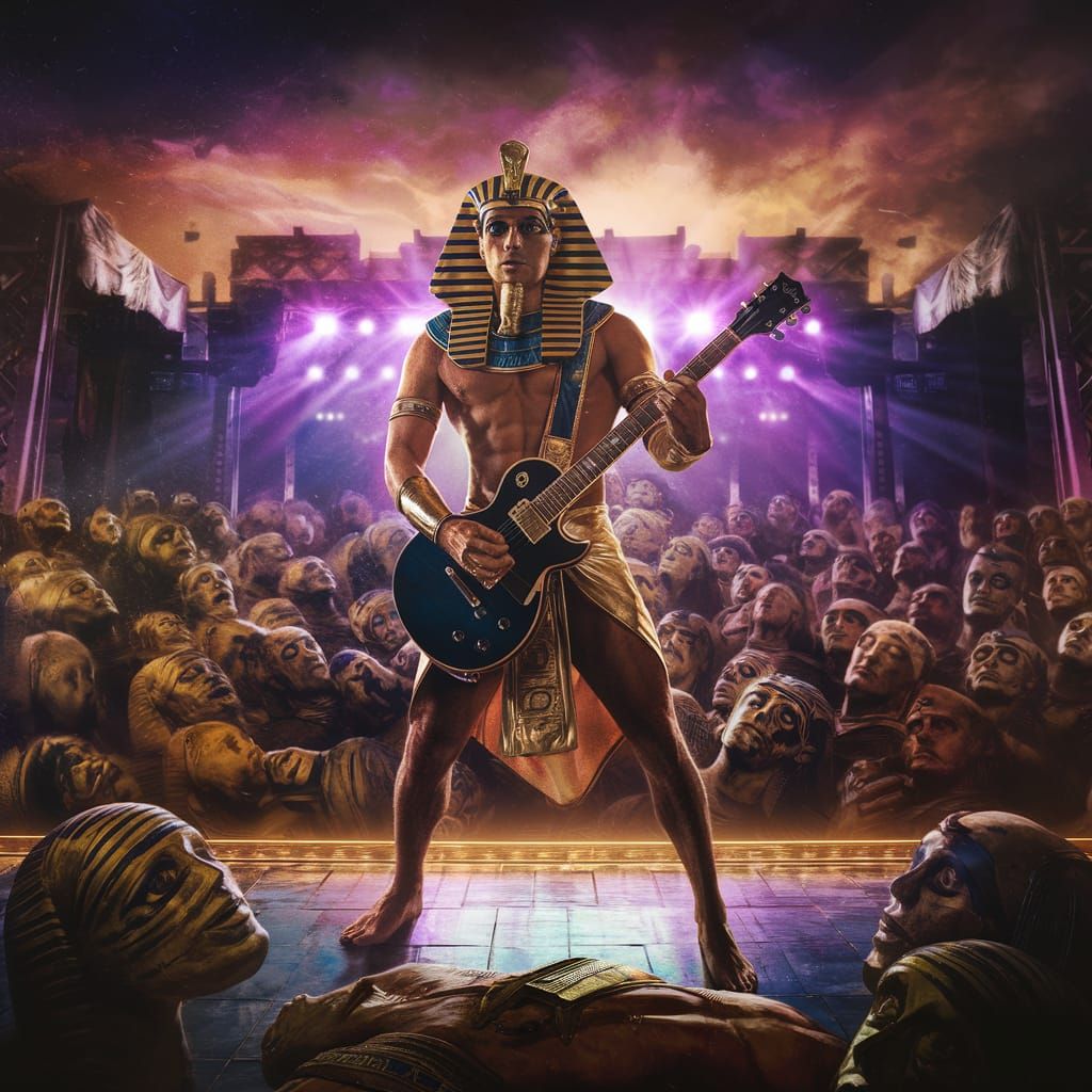 Egyptian Pharoah playing an electric guitar on stage. Mummie...