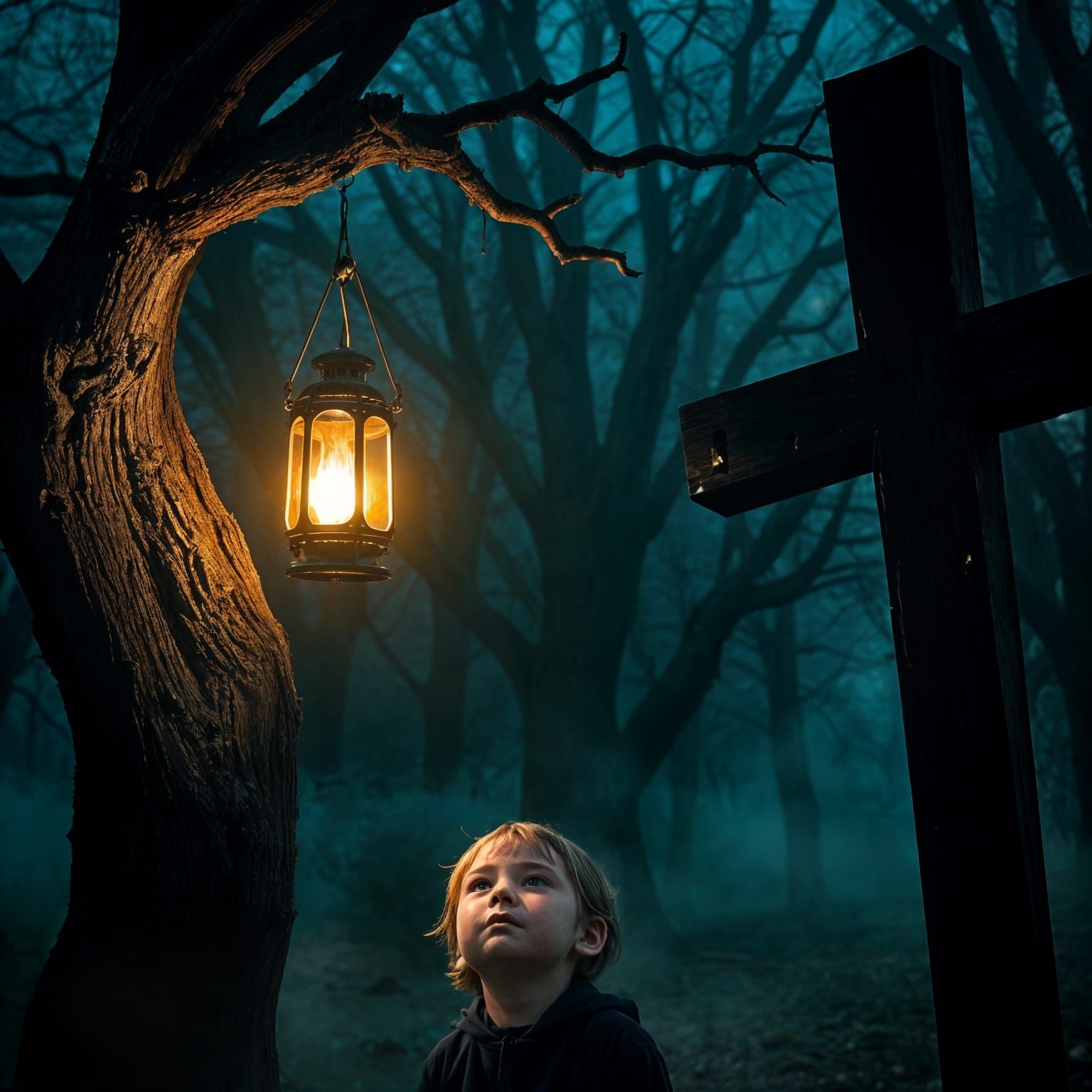 Enchanted Child in Dark, Misty Forest at Night