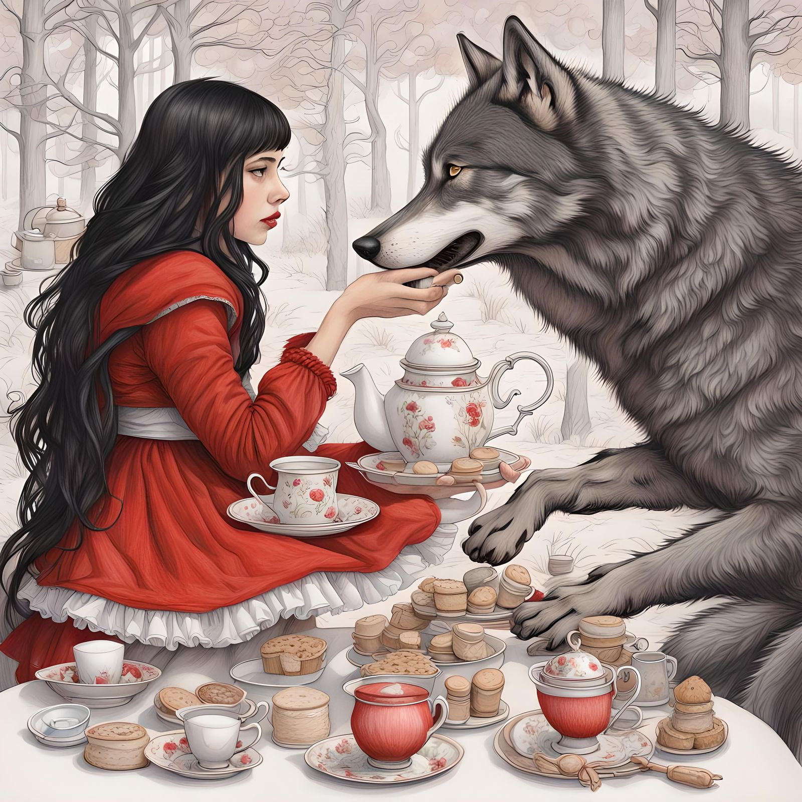 Little Red Riding Hood's Tea Party in Colored Pencil