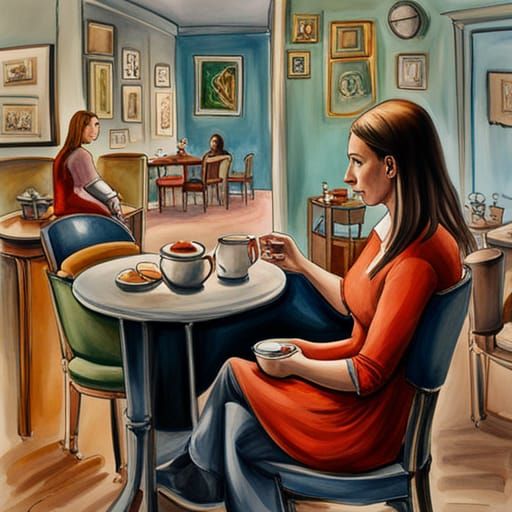 Renaissance Woman in Whimsical Café, Watercolor Painting