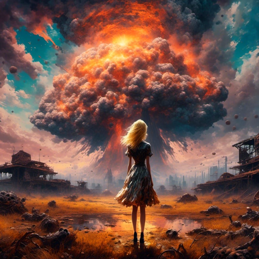 Woman Gazing at Nuclear Cloud, Vibrant Oil Painting