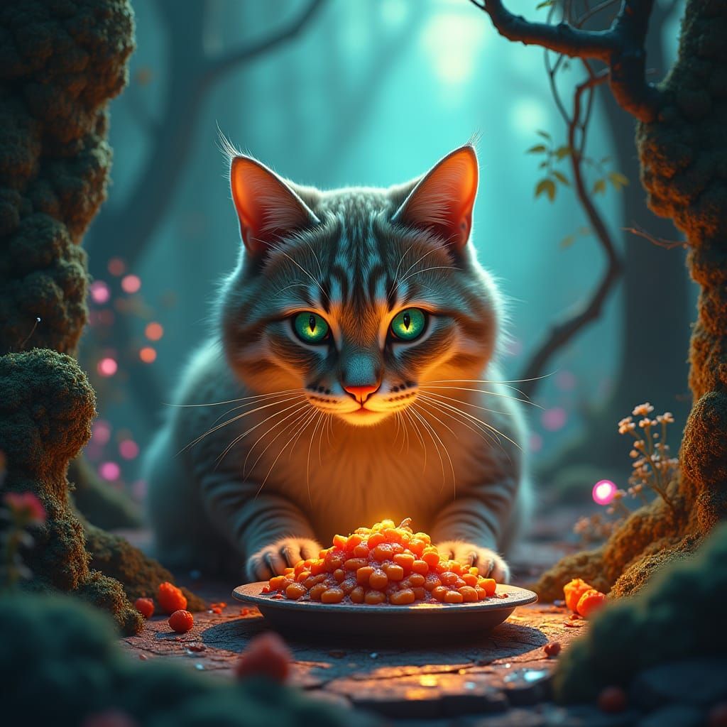 Regal Cat's Feast in Dreamlike Sci-Fi Setting
