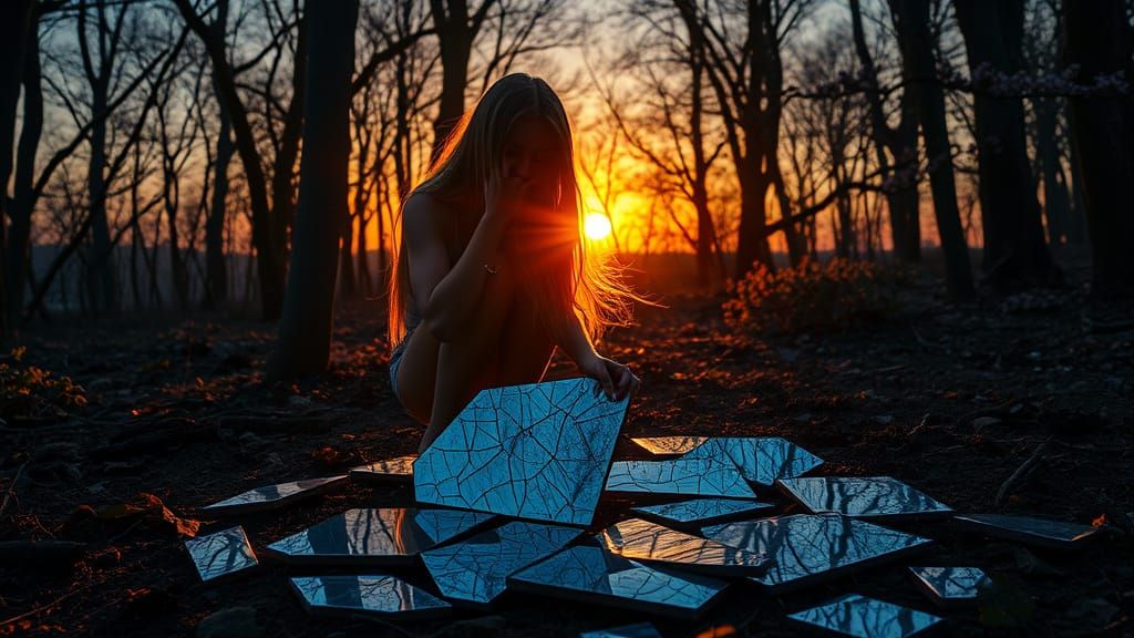 Surreal Woman with Mirror Shards by Sunset