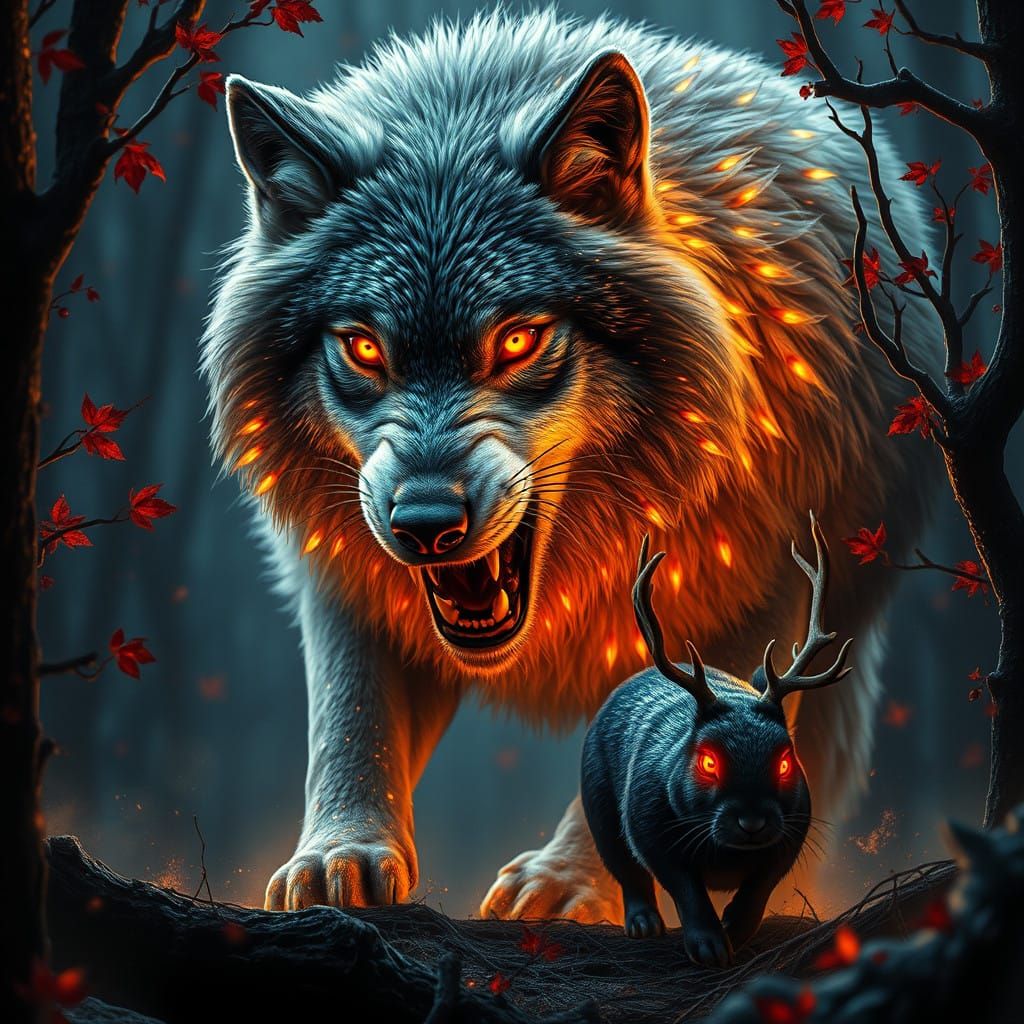 Fiery Wolf Stalks its Prey in a Dark, Twisted Forest