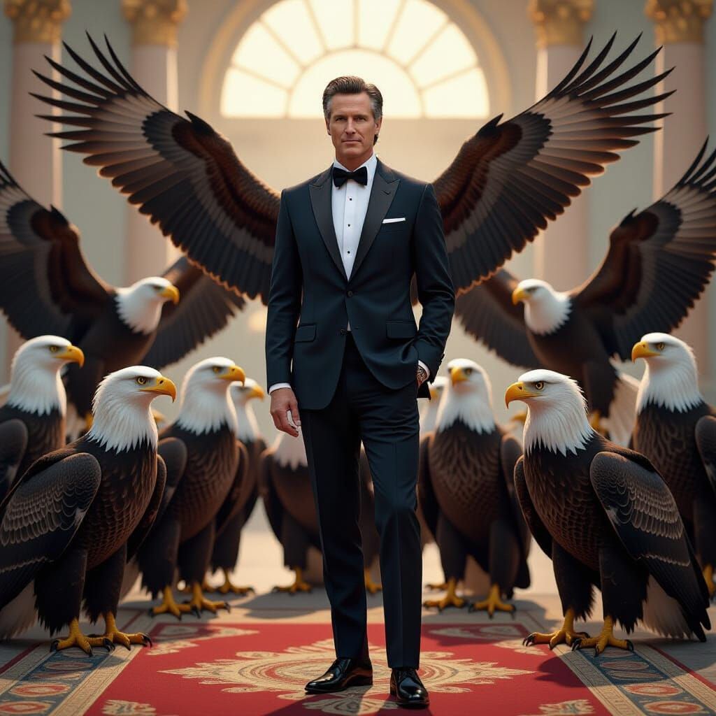 Gavin Newsom Surrounded by Eagles, Stalenhag Style
