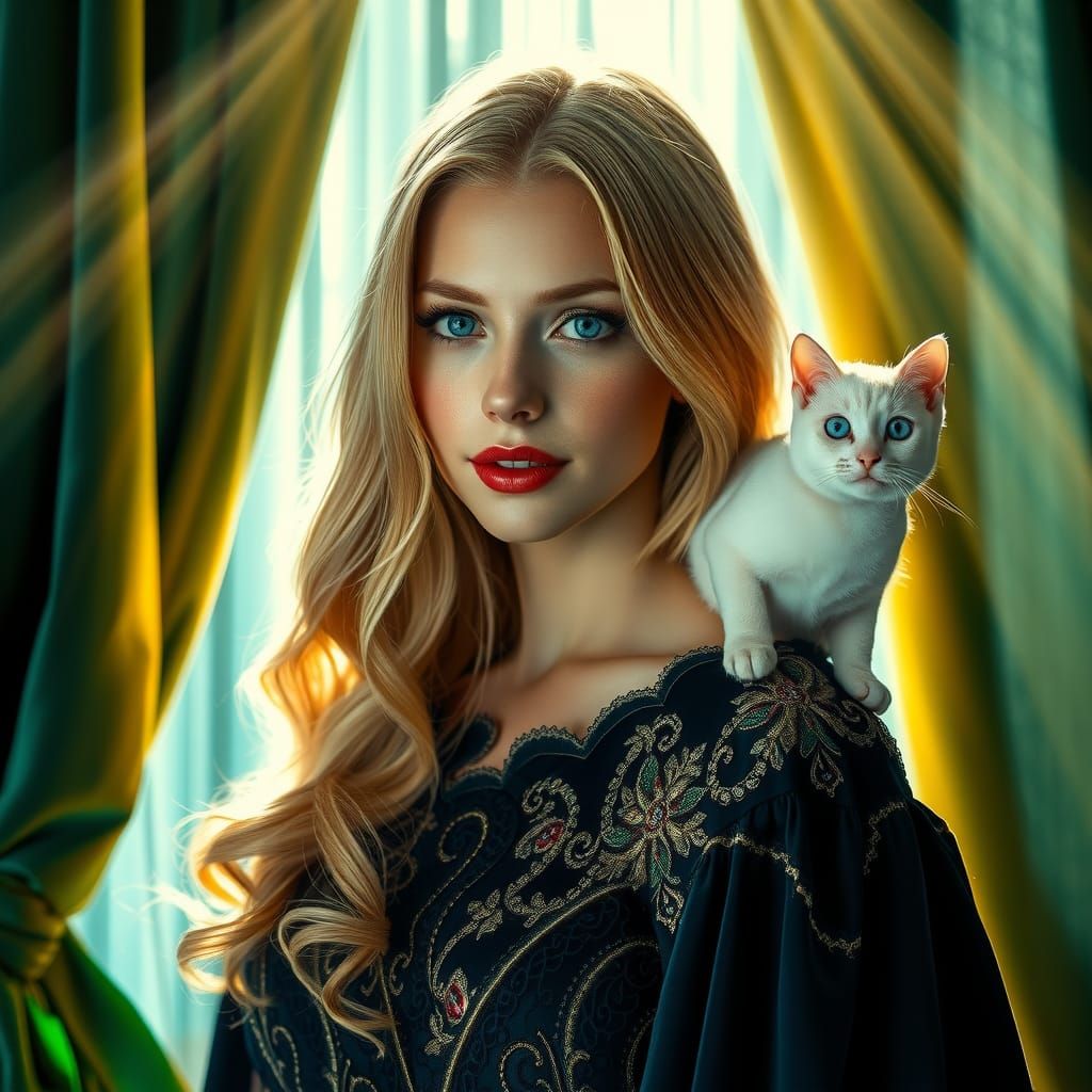 Woman with Cat in Art Nouveau Style